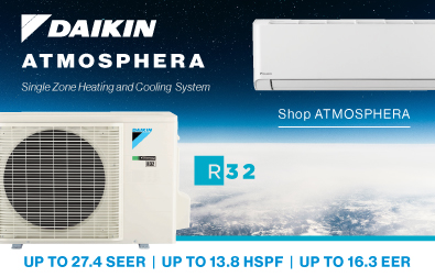 Daikin ATMOSPHERA Wall Mount and Outdoor Unit above Earth's atmosphere. Daikin Logo ATMOSPHERA Single Zone Heating and Cooling System, R32 - Up to 27.4 SEER, Up to 13.8 HSPF, Up to 16.3 EER - Shop ATMOSPHERA