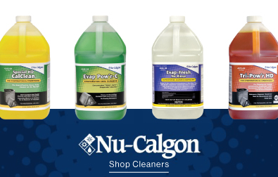 Nu-Calgon Cleaner product line side by side in a row. Nu-Calgon Logo - Shop Cleaners