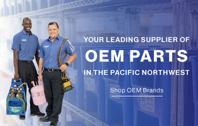 Two dealers carrying supplies in front of blue background over Thermal Supply product rack.  Your Leading Supplier of OEM Parts in the Pacific Northwest - Shop OEM Brands